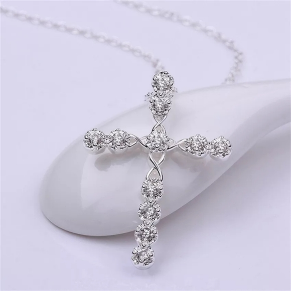 Cross 925 Silver Women White Sapphire Necklace - Picture 4 of 6